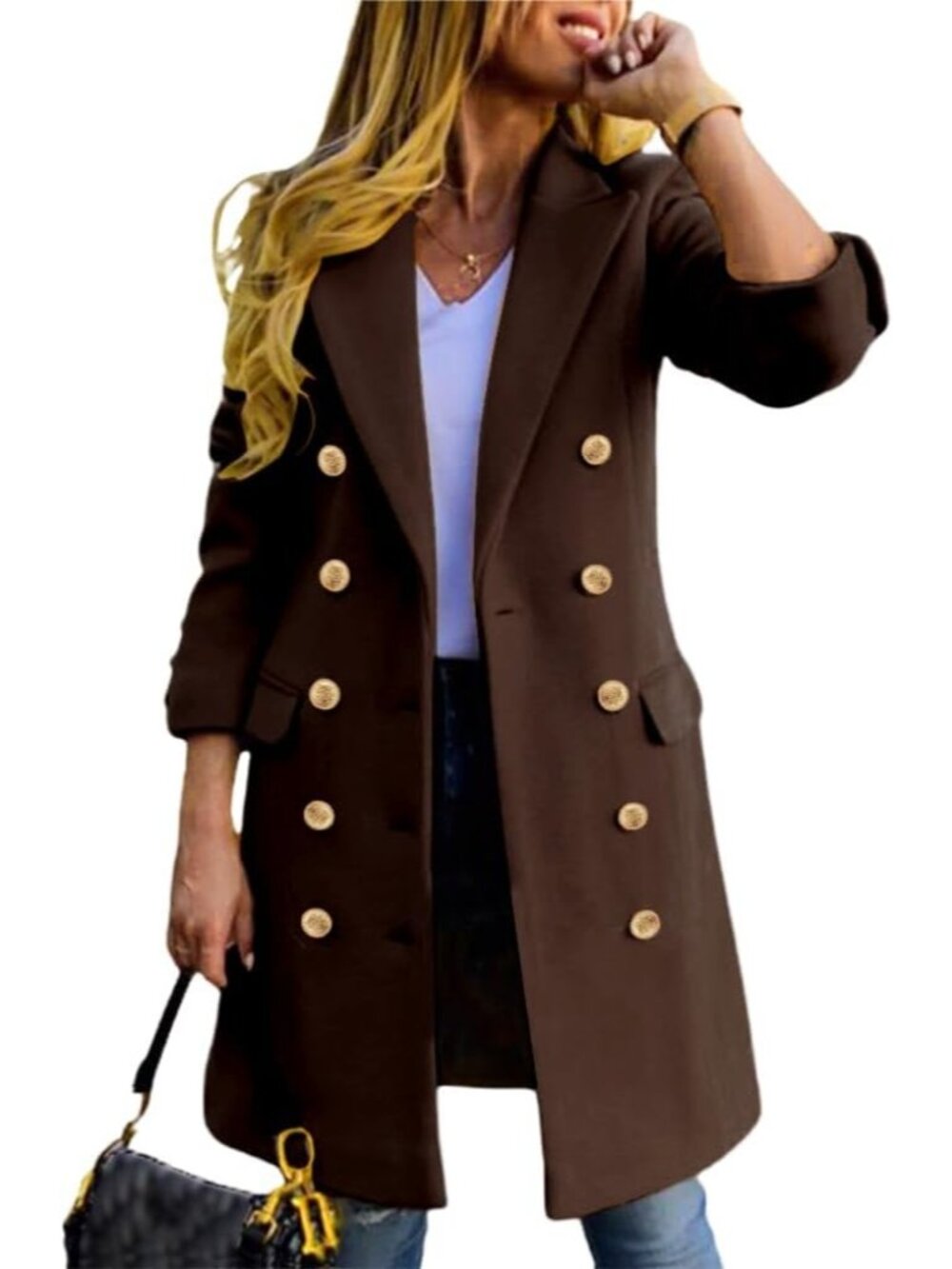 Womens Coffee Wool Blend Double Breasted Gold Buttons Fall Midi Long Trench Coat